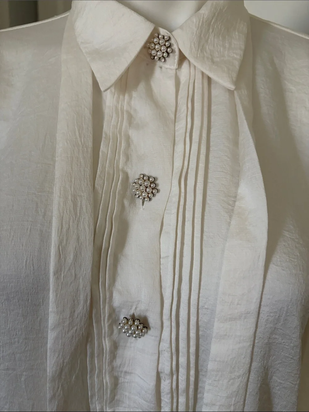 Zara Cream Long-Sleeve Blouse with Embellished Buttons